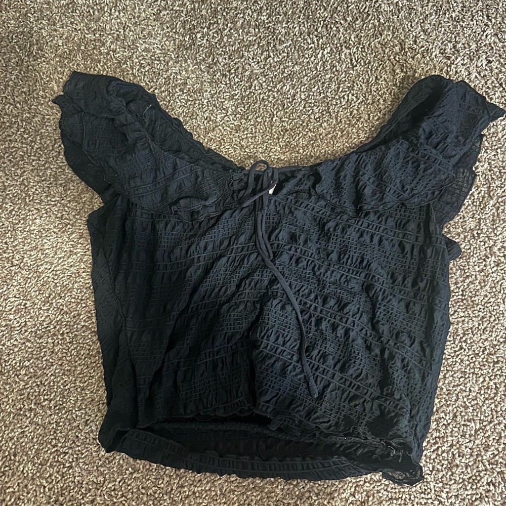 Free People Black Cropped Ruffled Blouse